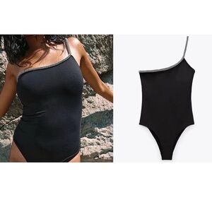 New! Zara medium black asymmetrical rhinestone strap swim suit.